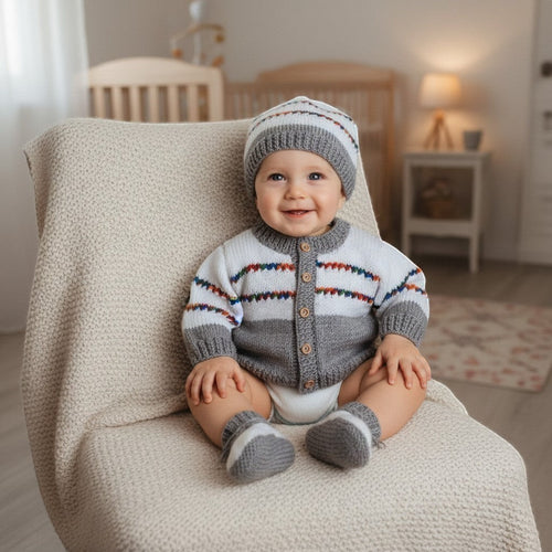 gemknits4kids baby boy wearing a hand-knitted White & Grey striped cardigan, matching hat, and booties in a nursery