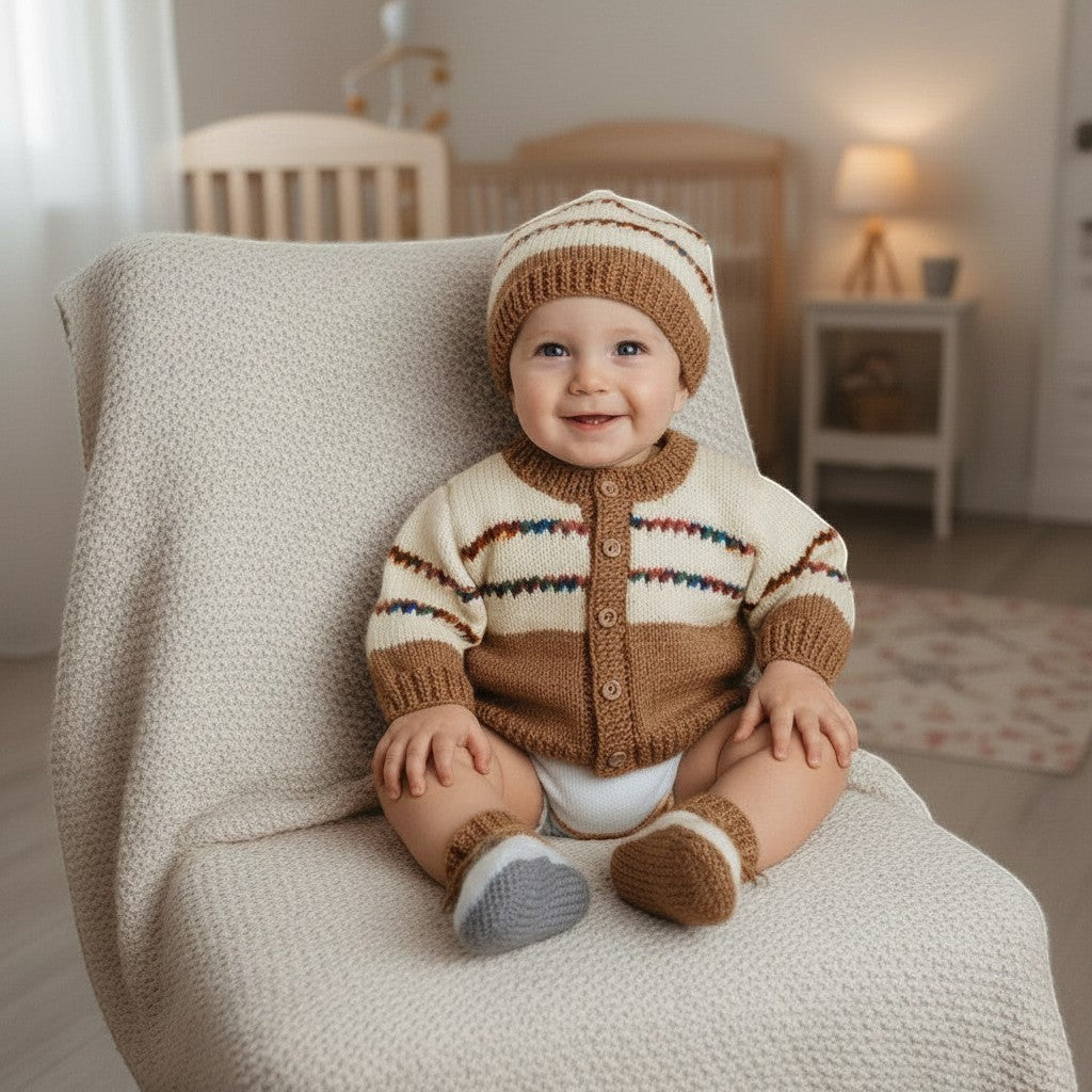 gemknits4kids baby boy wearing a hand-knitted cream and brown striped cardigan, matching hat, and booties in a nursery