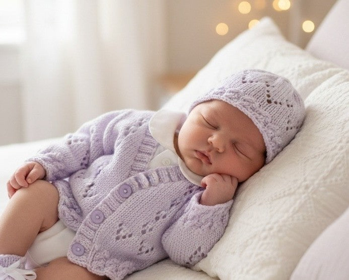 Cozy Cable Knit Baby Outfit – Hand-Knitted Cardigan, Hat, Mittens & Booties Set