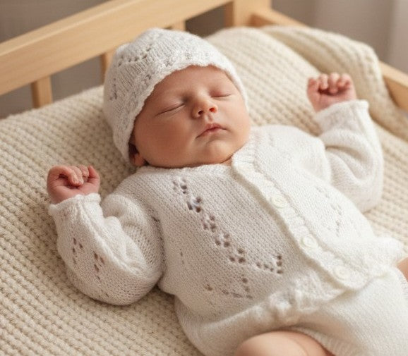 Cozy Cable Knit Baby Outfit – Hand-Knitted Cardigan, Hat, Mittens & Booties Set
