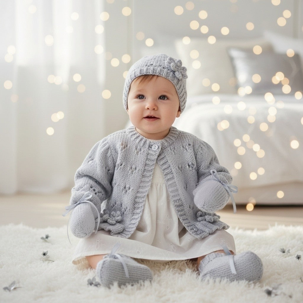 Hand-Knitted Baby Girl Cardigan with Fluted Hem & Flower trim with headband and booties