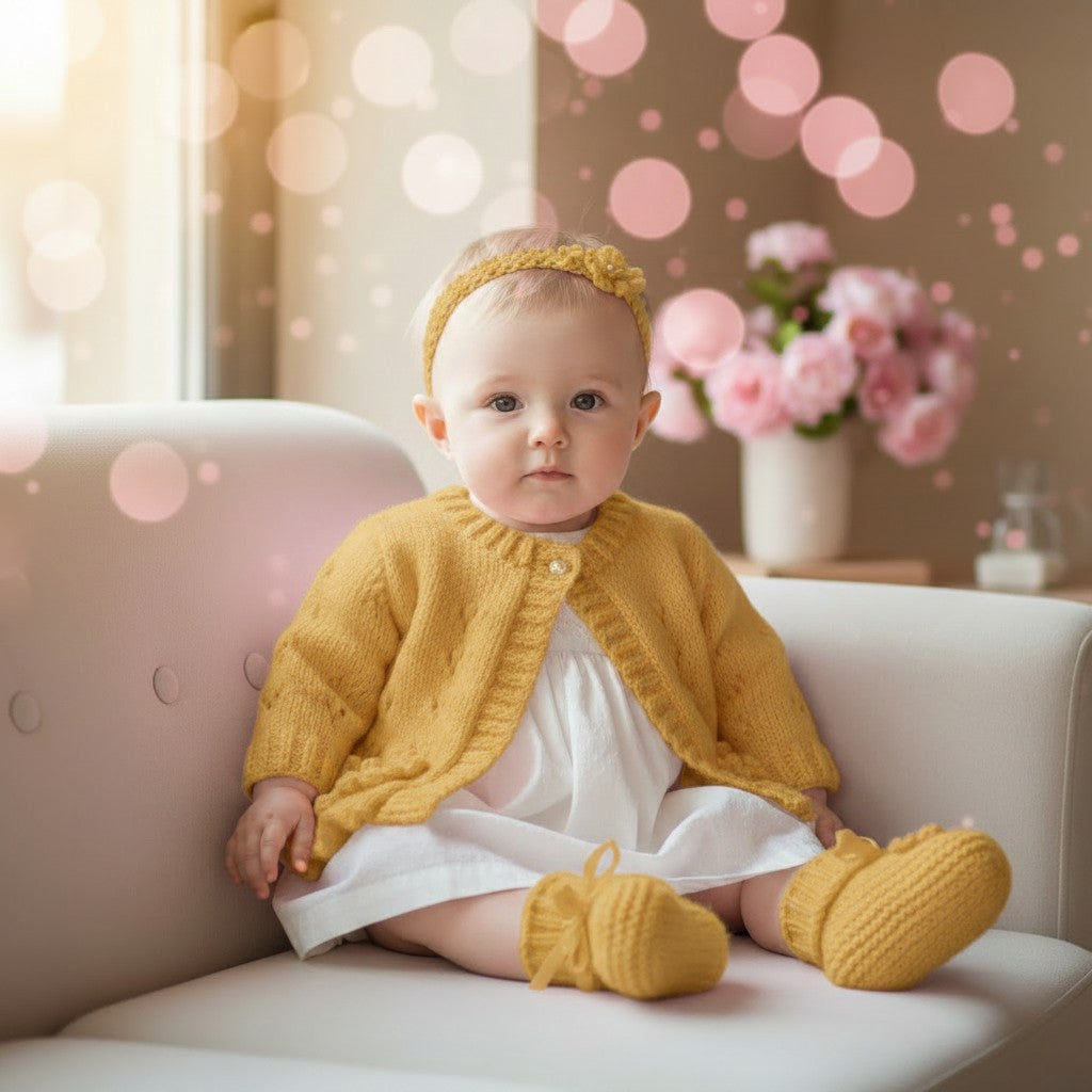 Hand-Knitted Baby Girl Cardigan with Fluted Hem & Flower trim with headband and booties