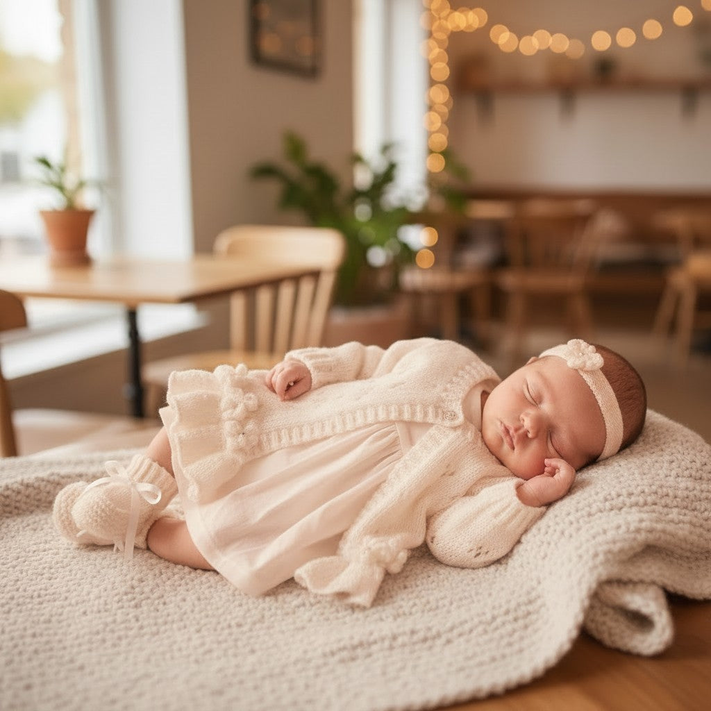 Hand-Knitted Baby Girl Cardigan with Fluted Hem & Flower trim with headband and booties