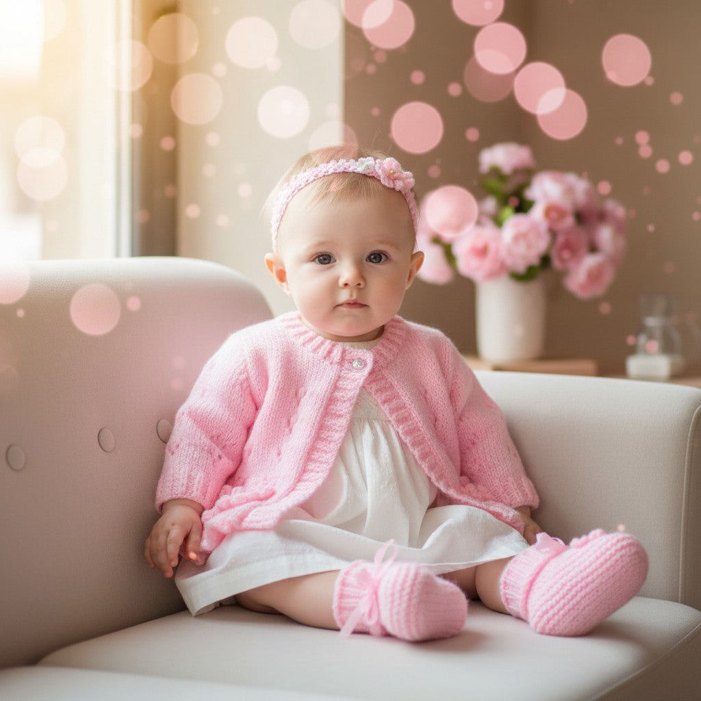 Hand-Knitted Baby Girl Cardigan with Fluted Hem & Flower trim with headband and booties