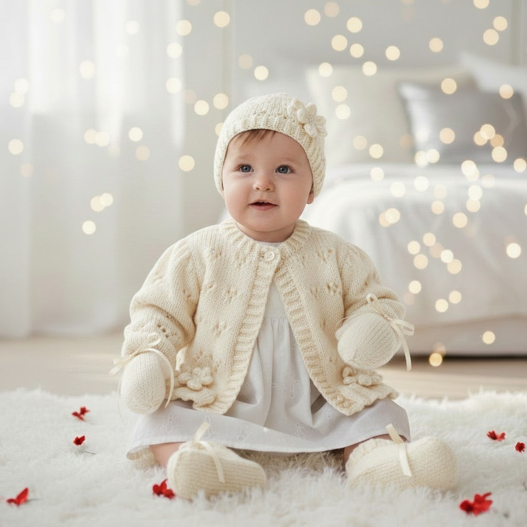Hand-Knitted Baby Girl Cardigan with Fluted Hem & Flower trim with headband and booties