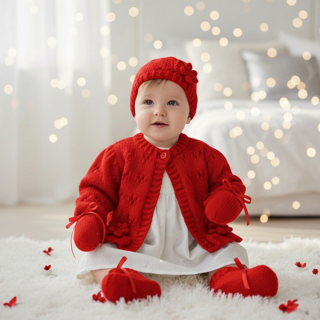 Hand-Knitted Baby Girl Cardigan with Fluted Hem & Flower trim with headband and booties
