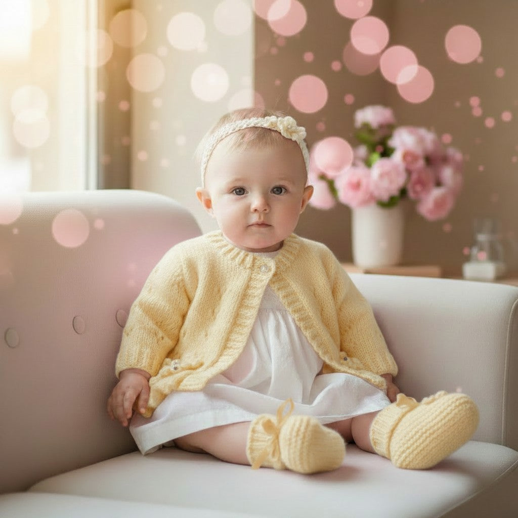 Hand-Knitted Baby Girl Cardigan with Fluted Hem & Flower trim with headband and booties