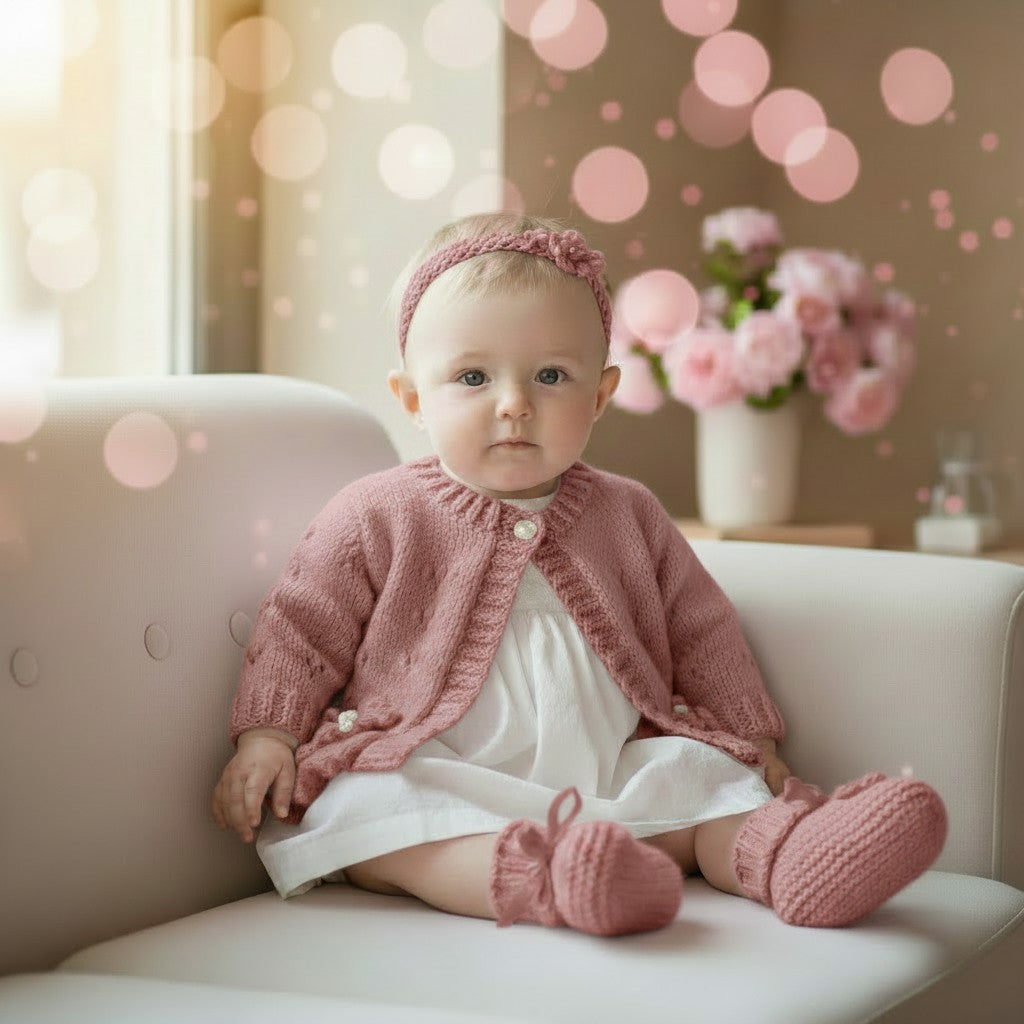 Hand-Knitted Baby Girl Cardigan with Fluted Hem & Flower trim with headband and booties