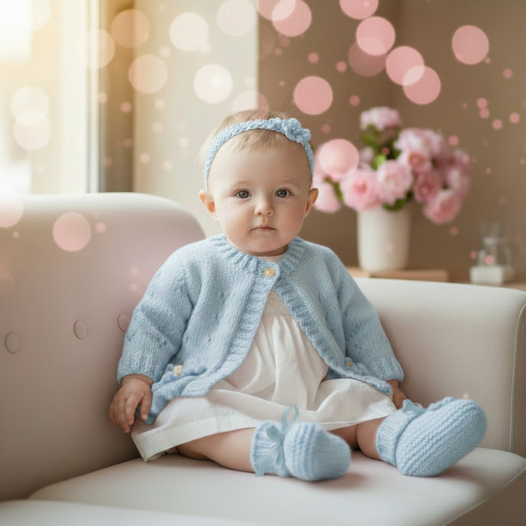 Hand-Knitted Baby Girl Cardigan with Fluted Hem & Flower trim with headband and booties