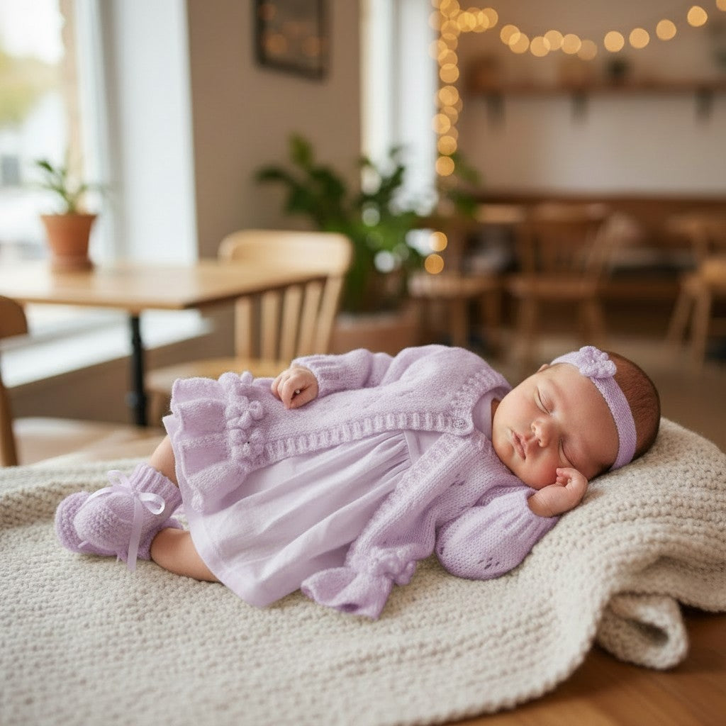 Hand-Knitted Baby Girl Cardigan with Fluted Hem & Flower trim with headband and booties