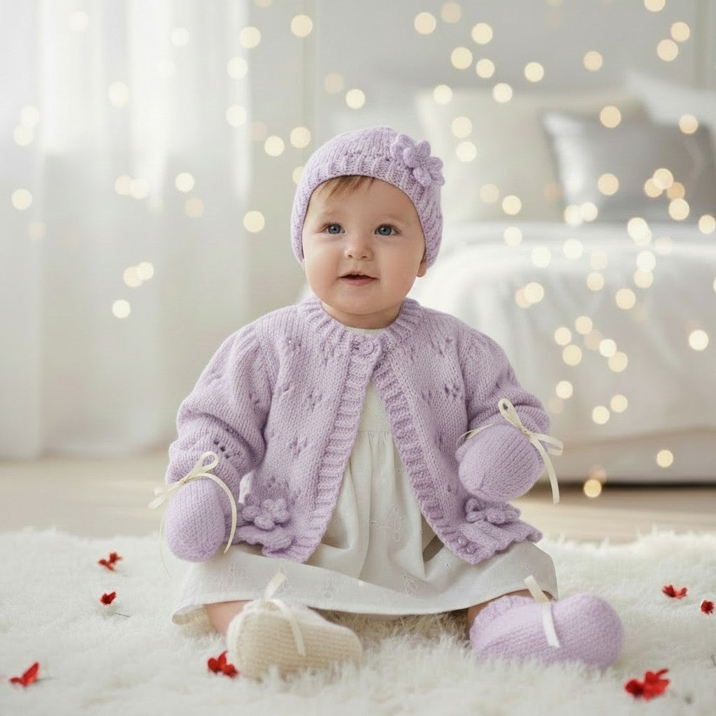 Hand-Knitted Baby Girl Cardigan with Fluted Hem & Flower trim with headband and booties