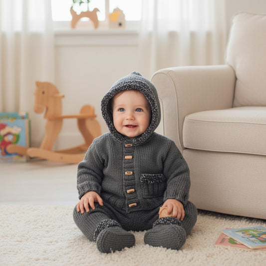 Boys' Plush-Trimmed Knitted Hoodie with Matching Ugg Boots – Cozy Baby Hoodie Set
