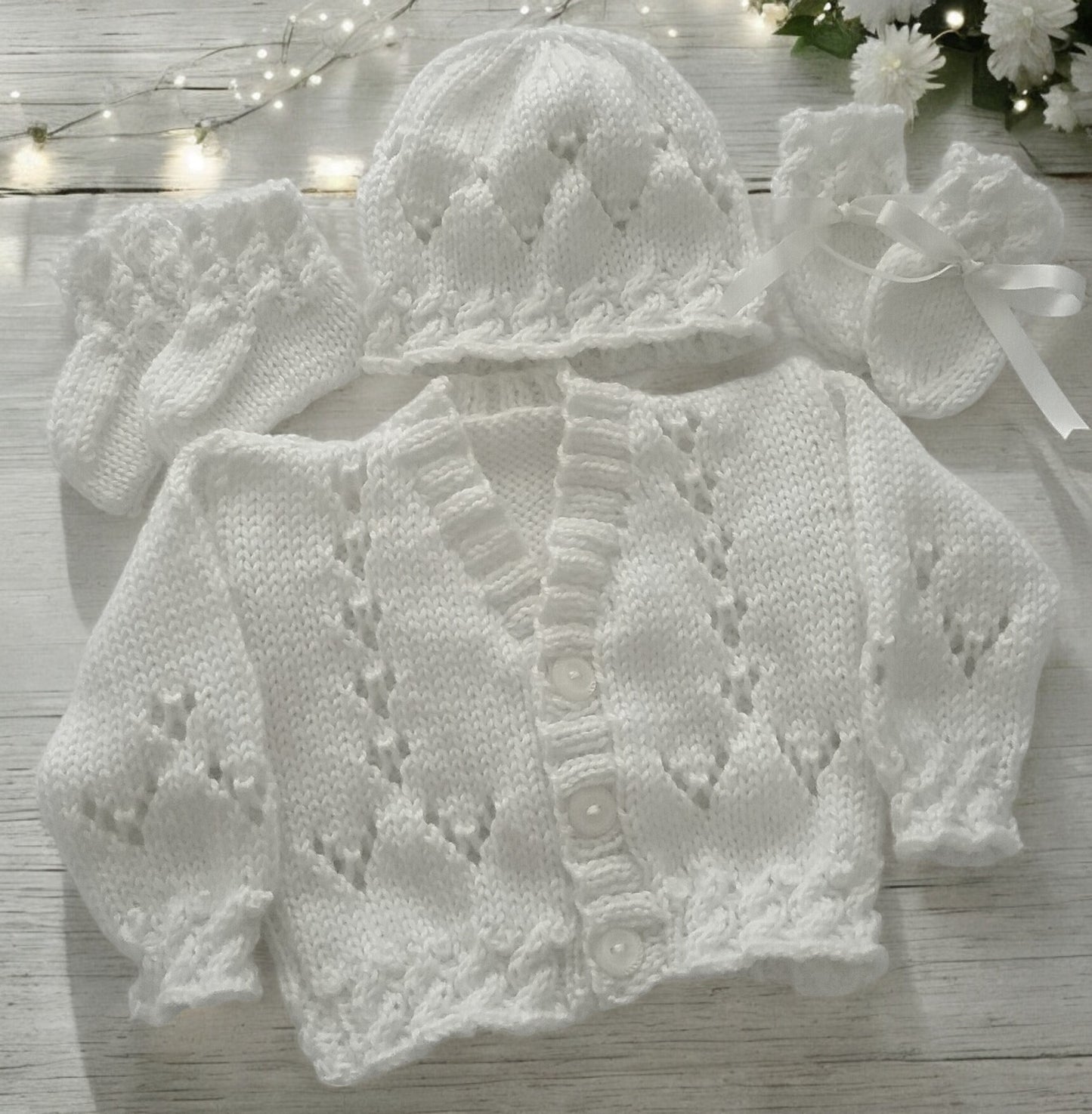 Cozy Cable Knit Baby Outfit – Hand-Knitted Cardigan, Hat, Mittens & Booties Set