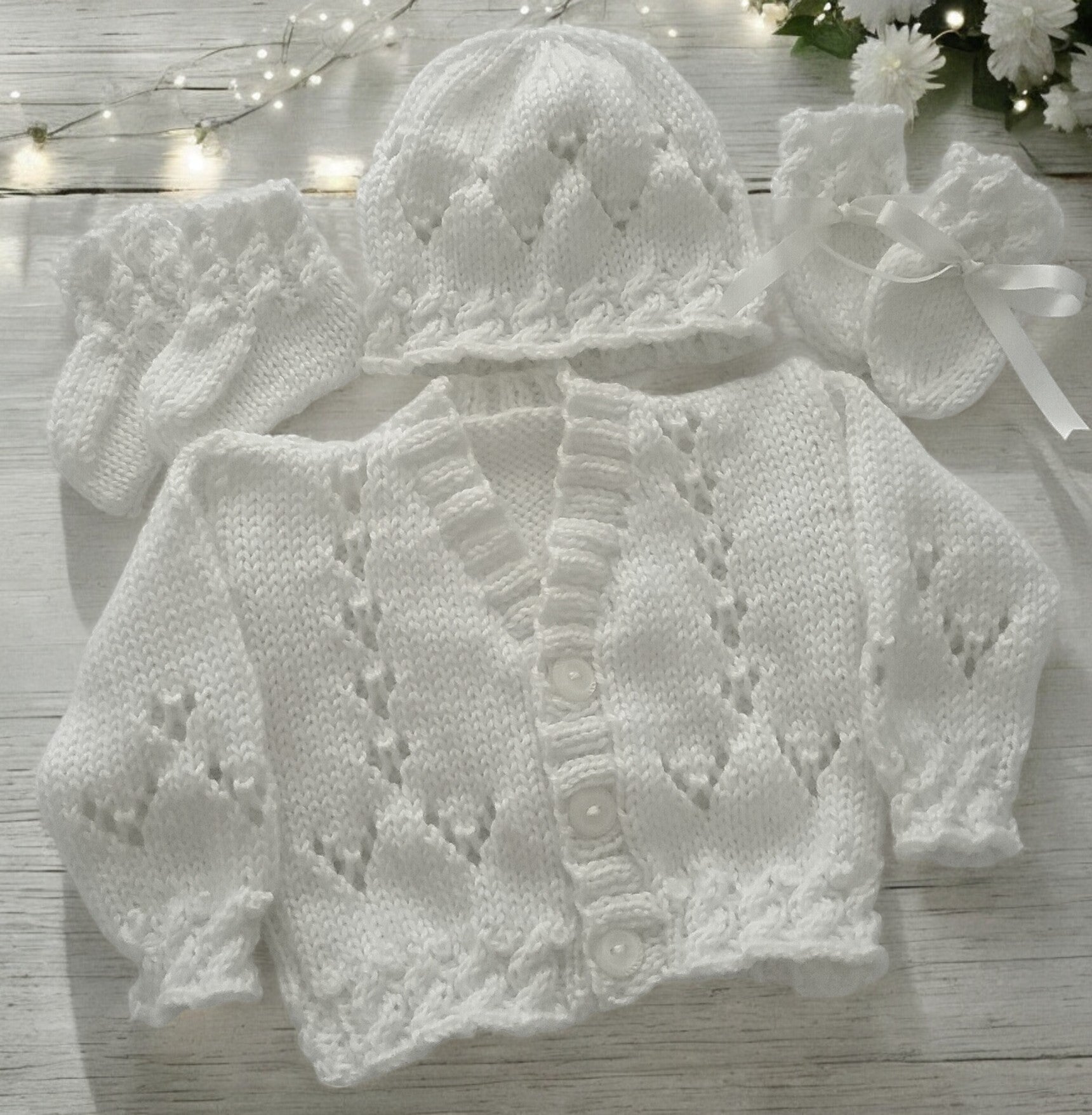 Cozy Cable Knit Baby Outfit – Hand-Knitted Cardigan, Hat, Mittens & Booties Set