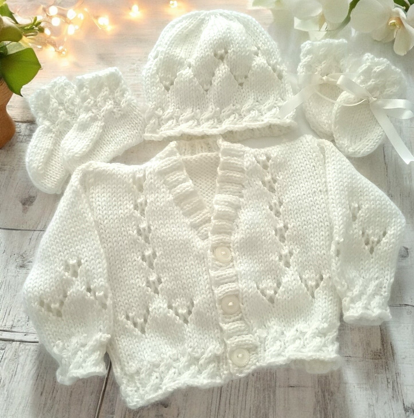 Cozy Cable Knit Baby Outfit – Hand-Knitted Cardigan, Hat, Mittens & Booties Set