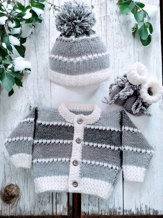 Boys' Knitted Ombre Cardigan Set – Hand-Knitted Cardigan, Hat, & Boots