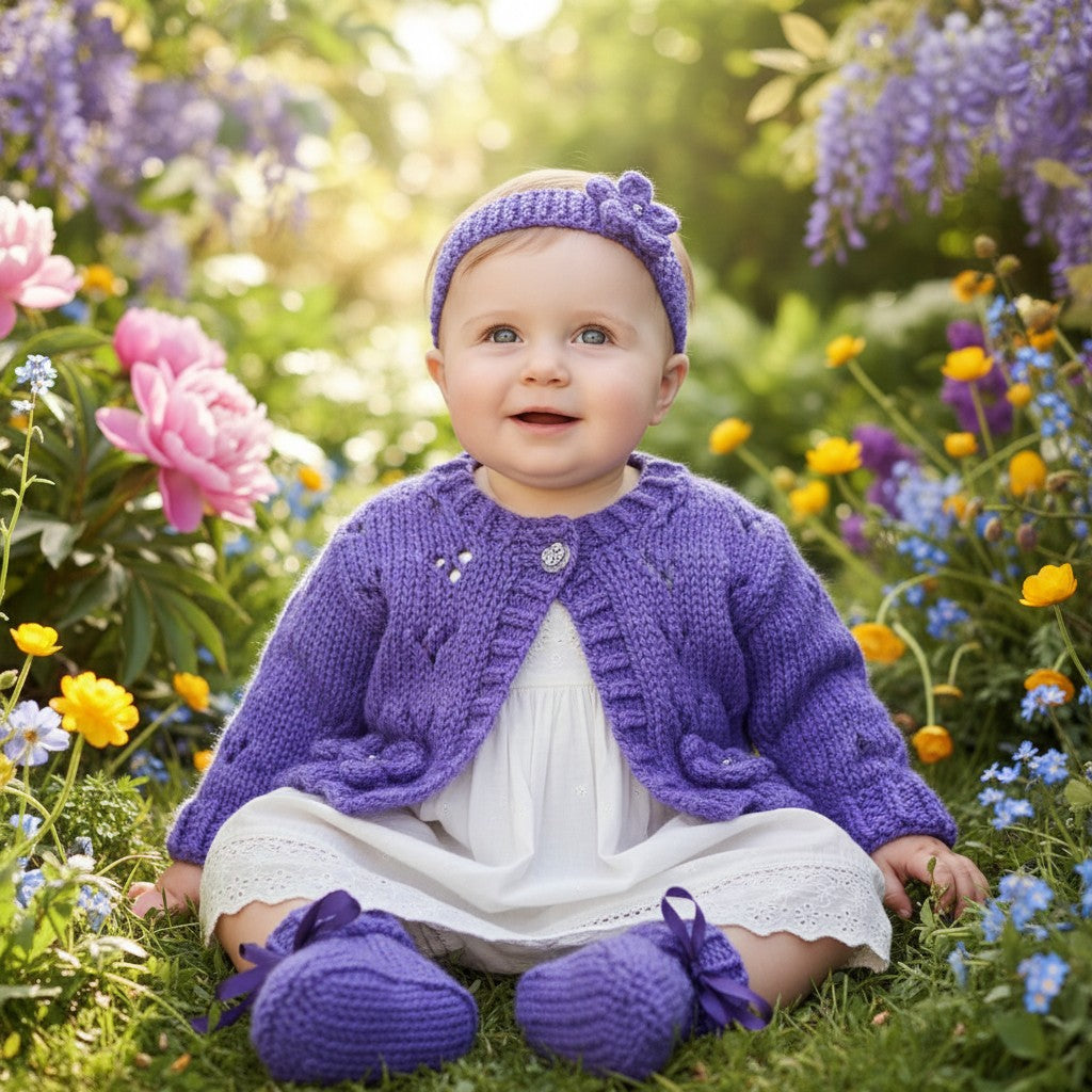 Hand-Knitted Baby Girl Cardigan with Fluted Hem & Flower trim with headband and booties