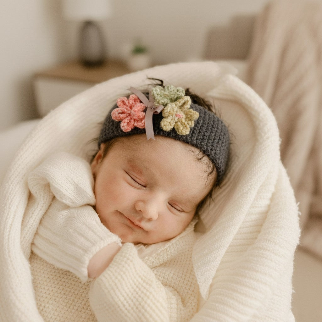 hand knitted girls headband trimmed with knitted flowers