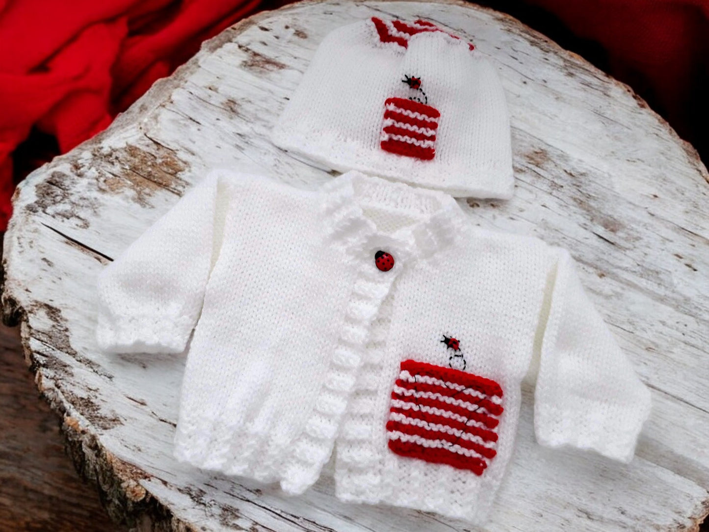 White baby cardigan with bumble bee- ladybird - caterpillar design