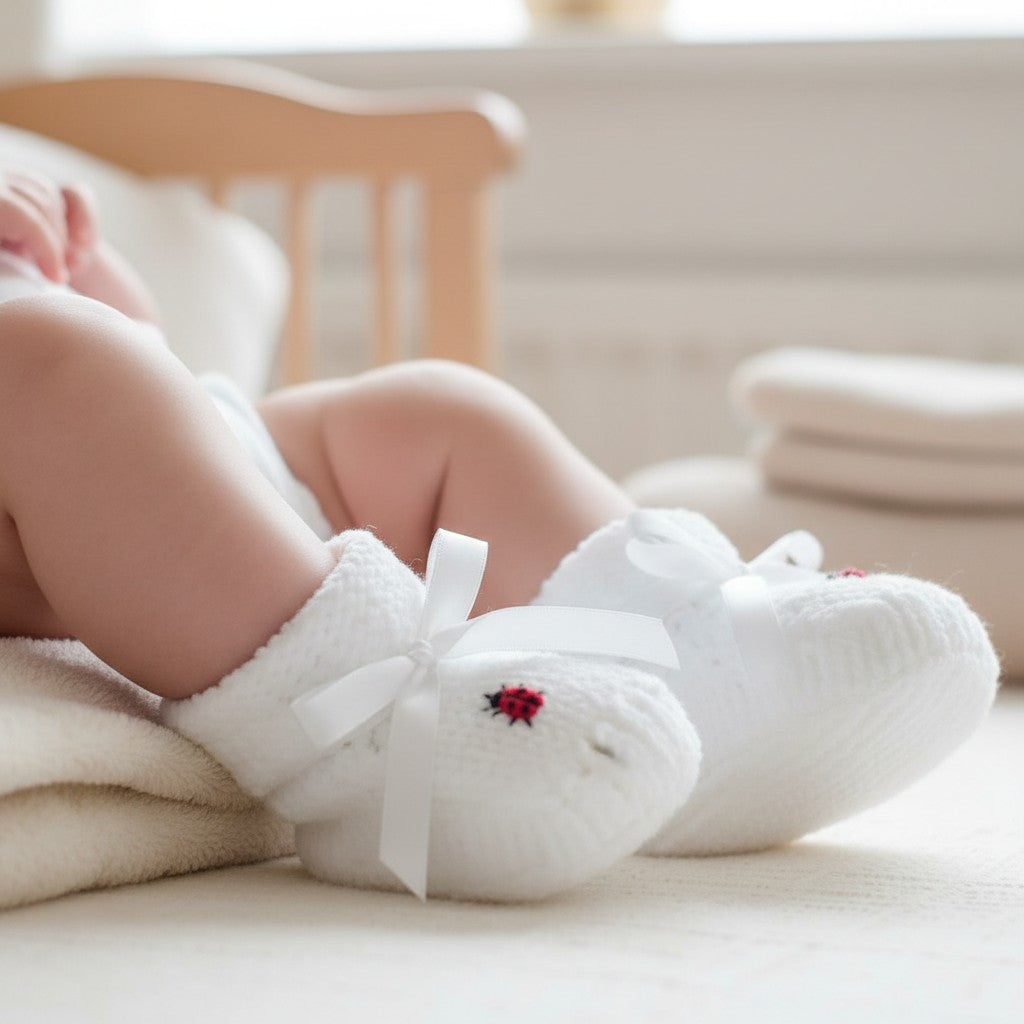 Hand-Knitted Baby Booties with Adorable Embroidery Designs