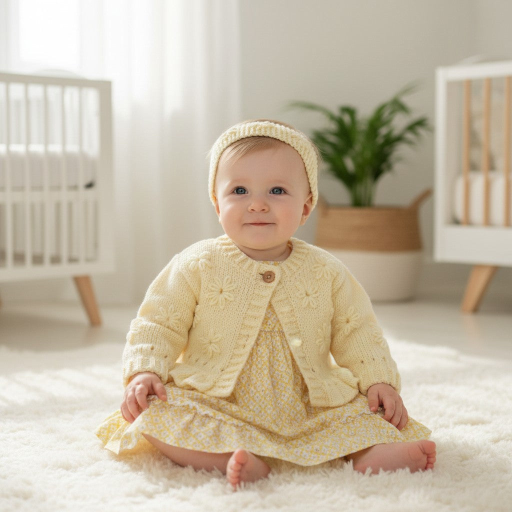 Hand Knitted Girls Cardigan & matching headband with Hand-Stitched Blooms