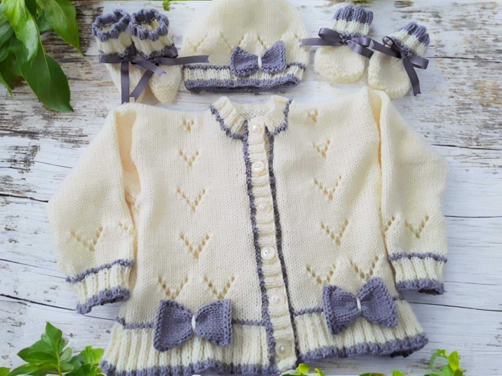Hand Knitted Baby Girl Cardigan with Knitted Bow Trim  -Made to Order