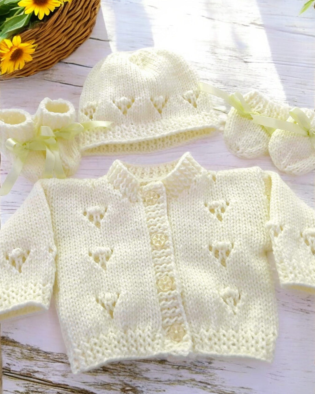 Gorgeous Hand-Knitted Unisex Baby Cardigan with  Matching Hat, Booties & Mittens