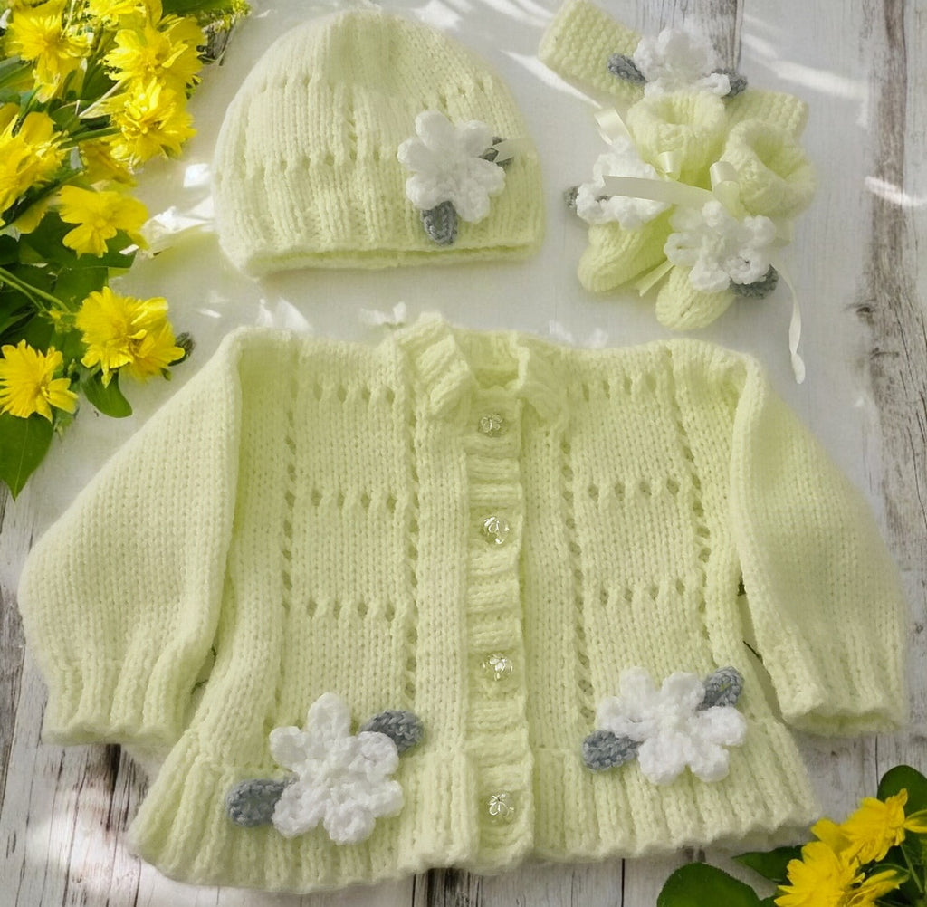 Baby Girl Fluted Hem Cardigan with hat, headband and boots, Flower & leaf Trim