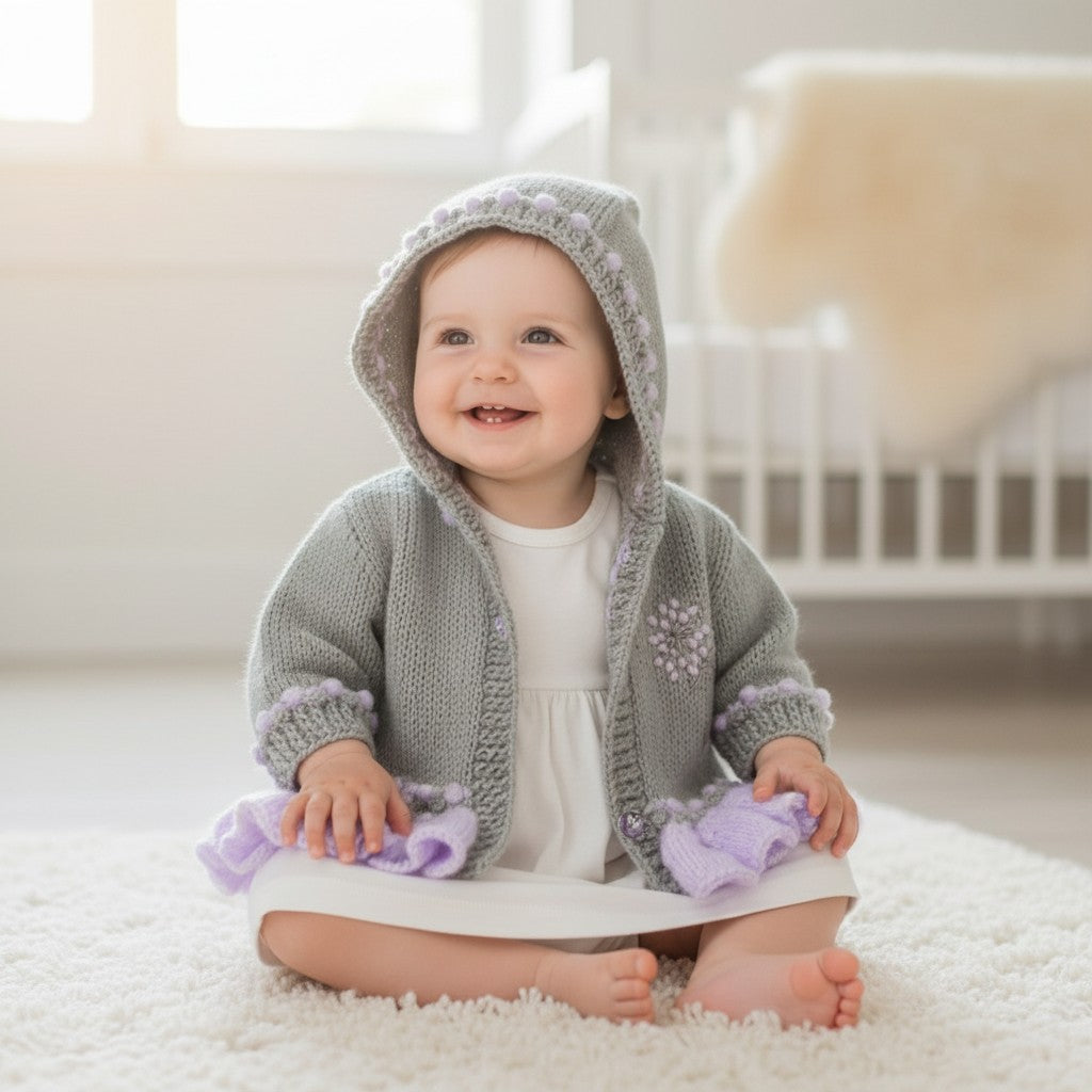 Elegant Frilly Knit Baby Girl Hoodie with Delicate Dandelion Embroidery