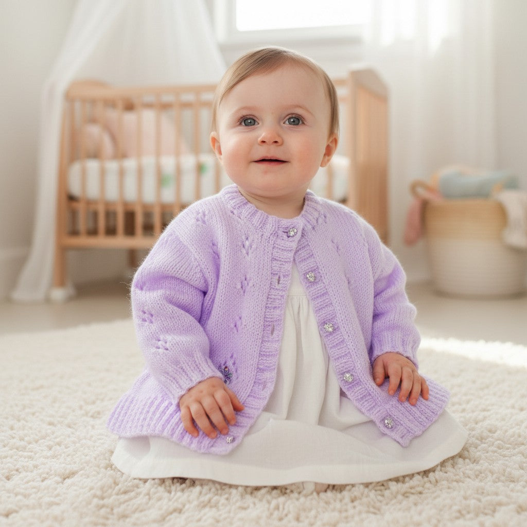 Girls knitted cardigan with diamond lacy design and embroidery