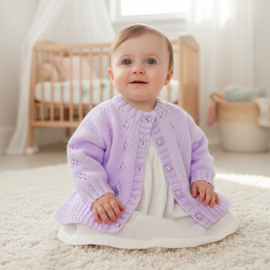 Girls knitted cardigan with diamond lacy design and embroidery