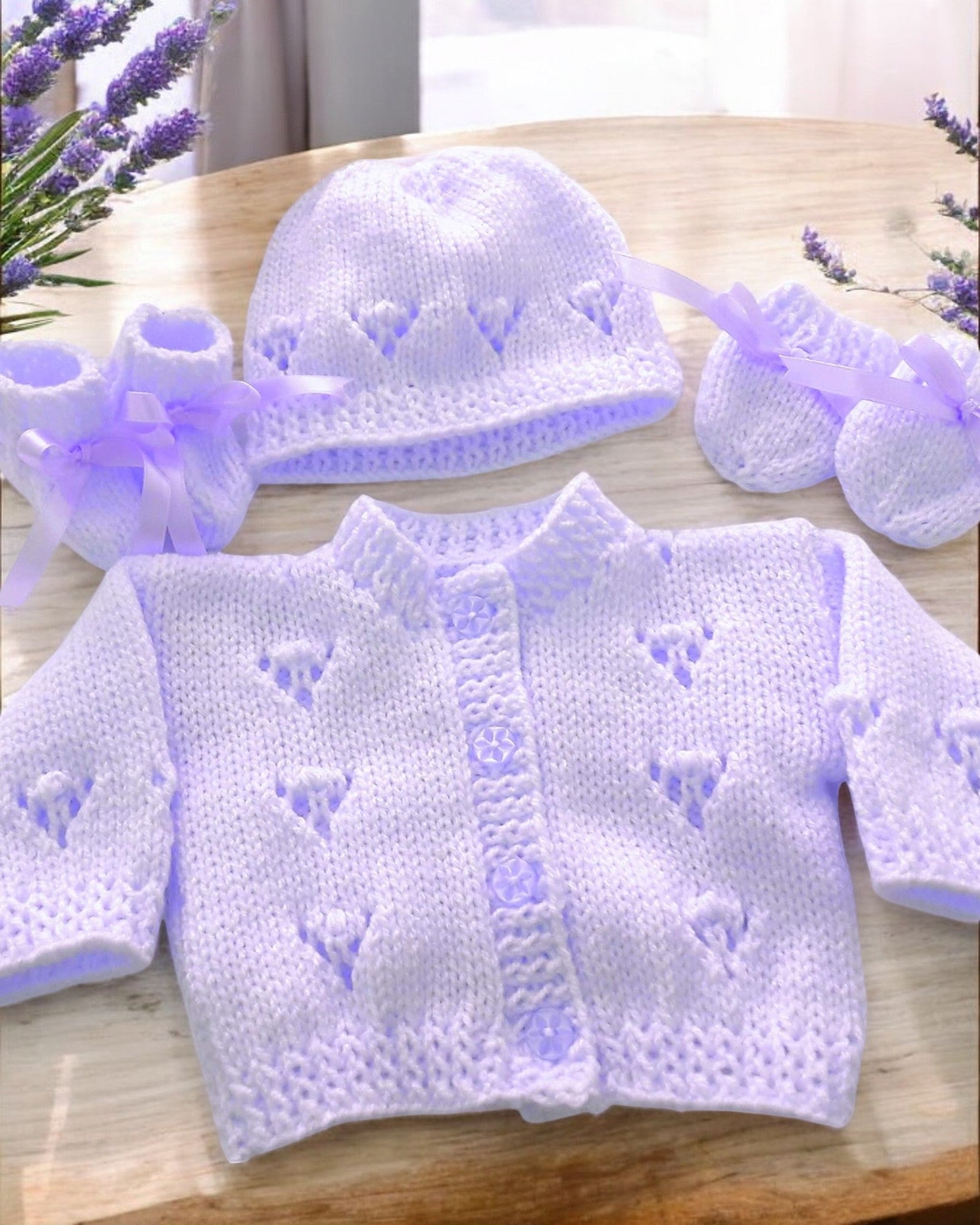 Gorgeous Hand-Knitted Unisex Baby Cardigan with  Matching Hat, Booties & Mittens
