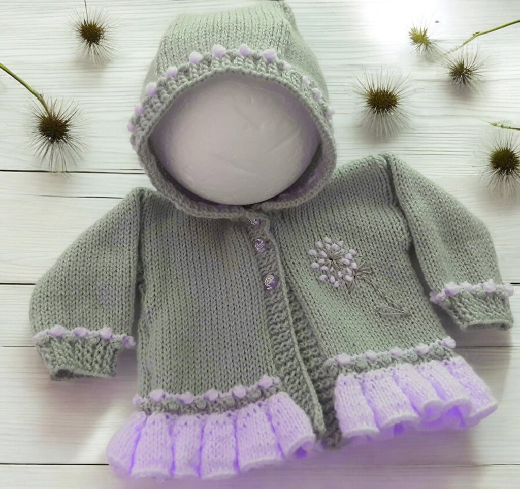 Elegant Frilly Knit Baby Girl Hoodie with Delicate Dandelion Embroidery, silver with your choice of trim colour