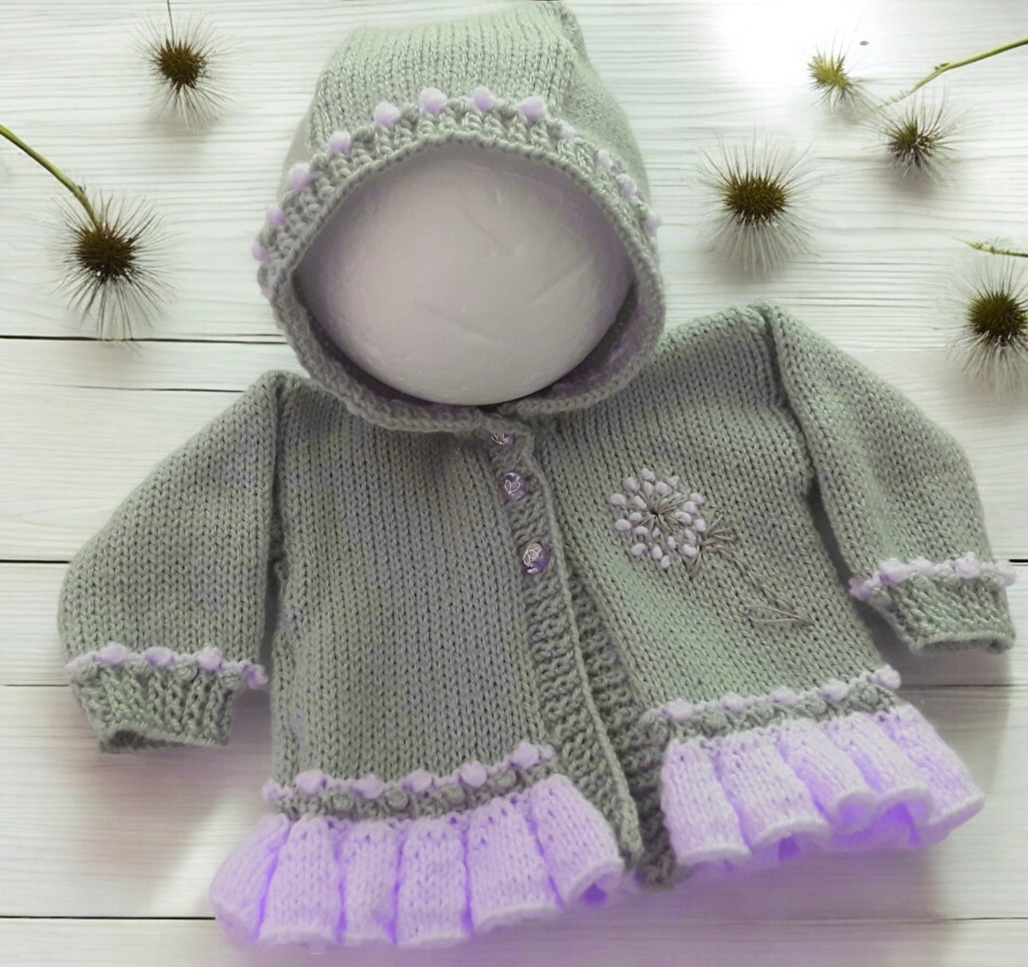 Elegant Frilly Knit Baby Girl Hoodie with Delicate Dandelion Embroidery, silver with your choice of trim colour
