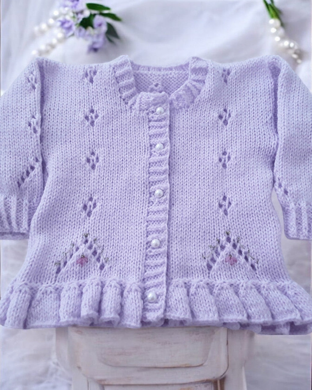 Hand Knitted Girls Cardigan with Delicate Lace Pattern & Silk Flower Embroidery