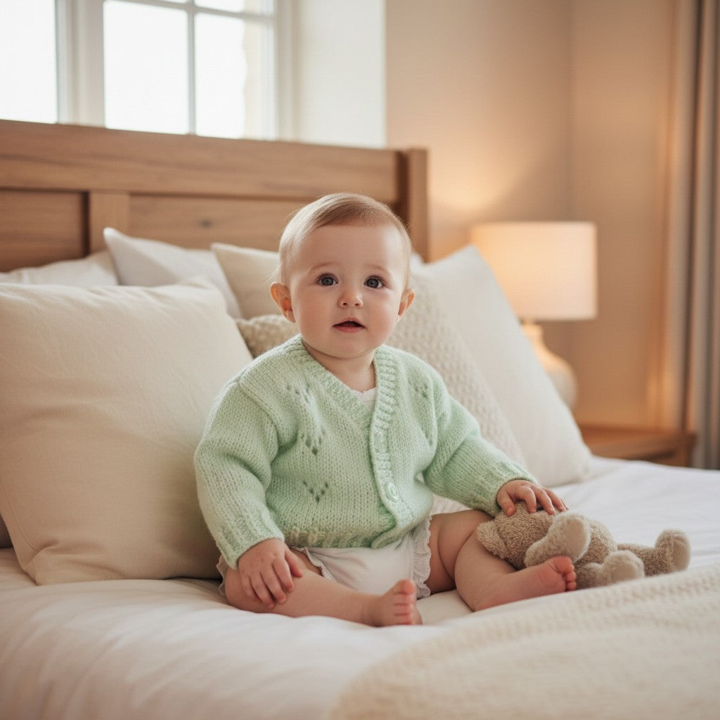 Adorable Knitted Baby Cardigan with traditional design and V neck - Perfect for Little Ones!
