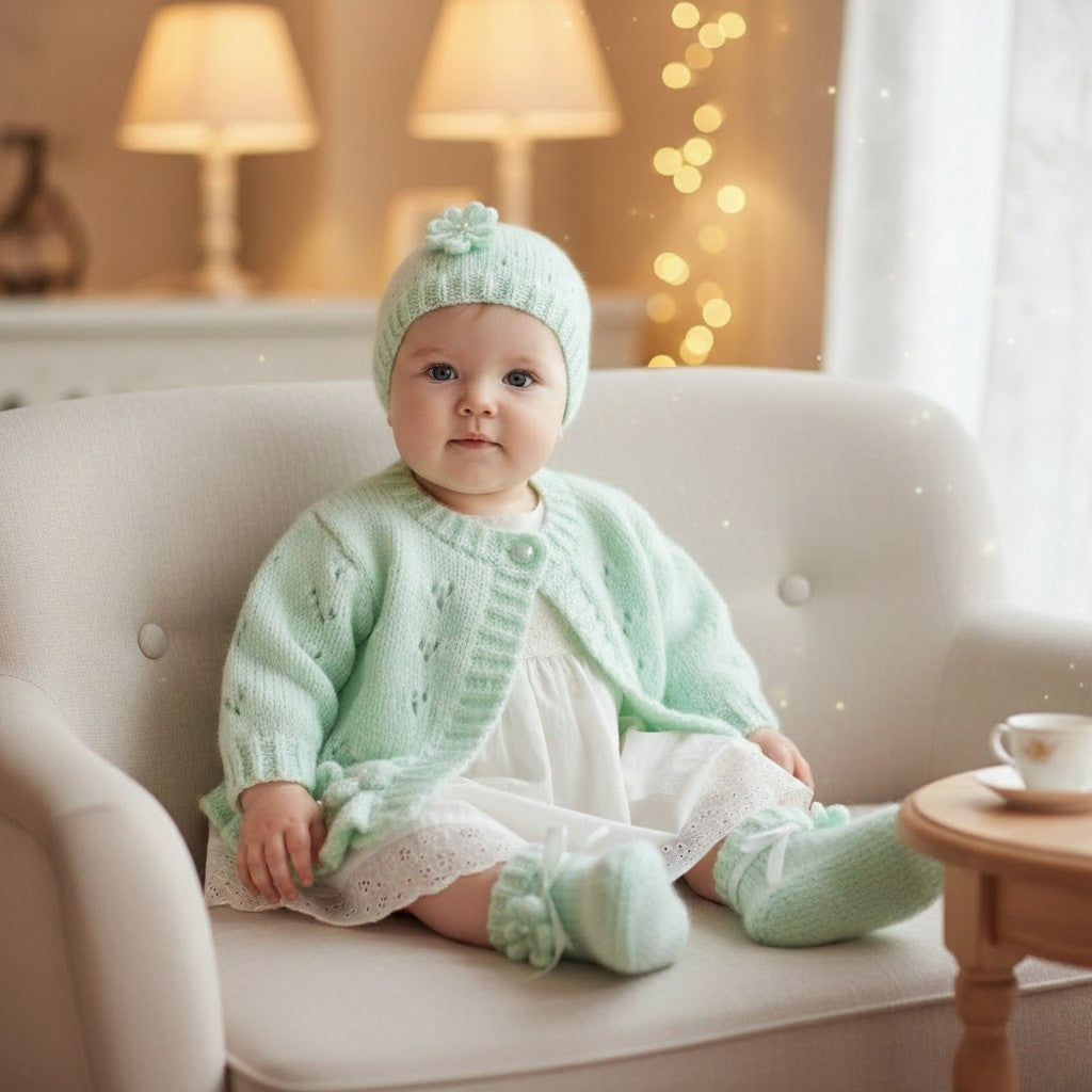 Hand-Knitted Baby Girl Cardigan with Fluted Hem & Flower trim with headband and booties