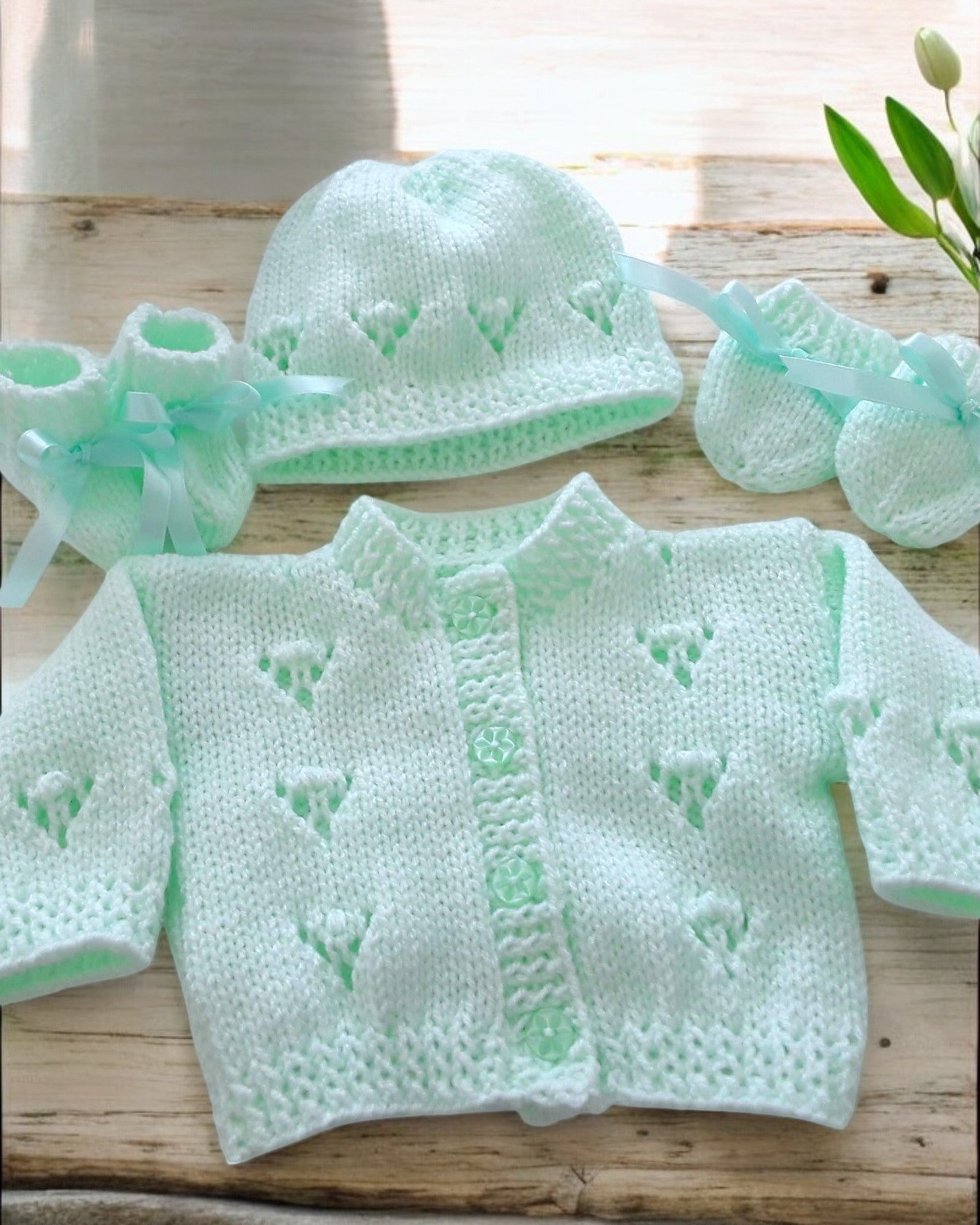 Gorgeous Hand-Knitted Unisex Baby Cardigan with  Matching Hat, Booties & Mittens