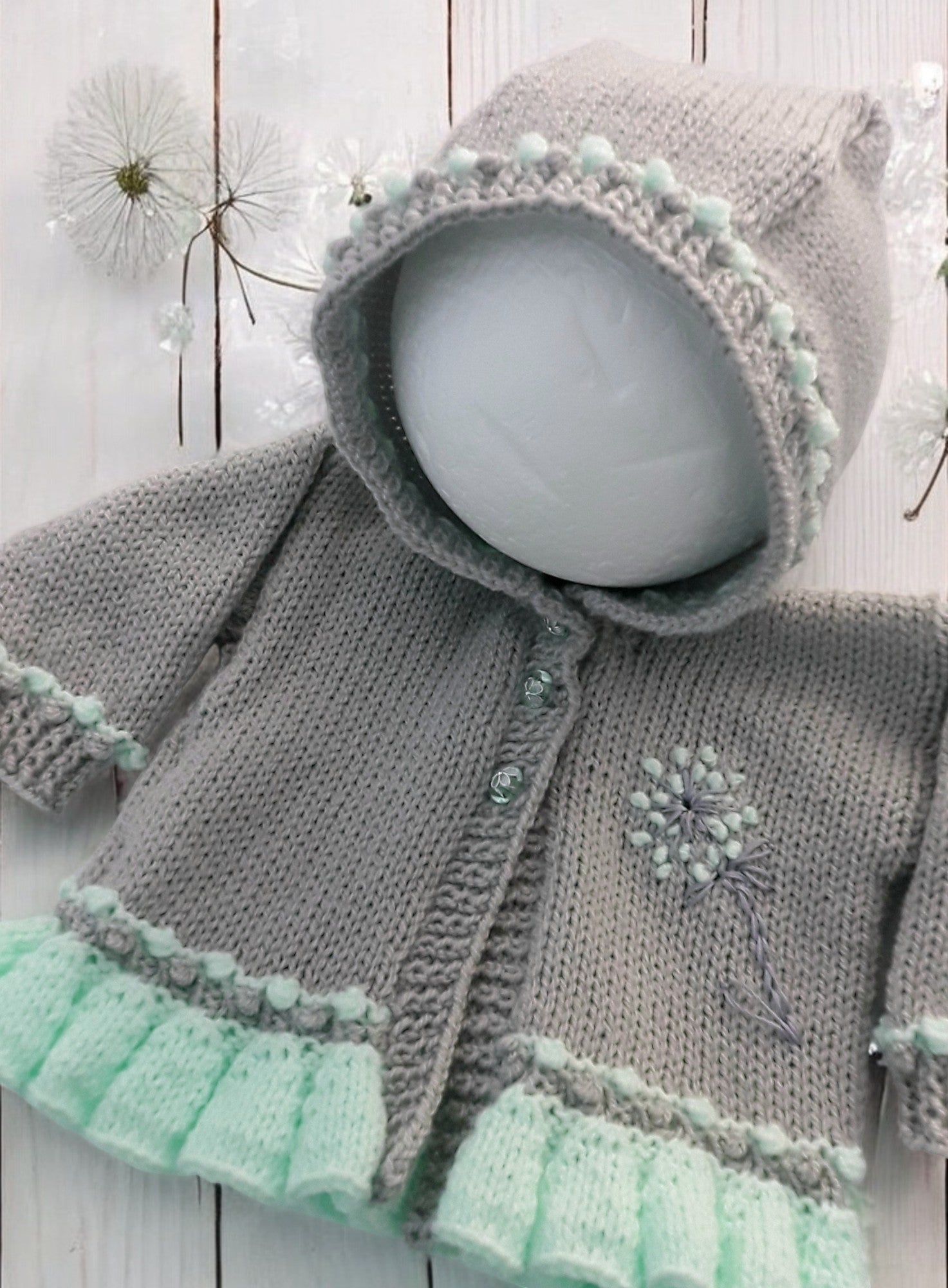 Elegant Frilly Knit Baby Girl Hoodie with Delicate Dandelion Embroidery, silver with your choice of trim colour