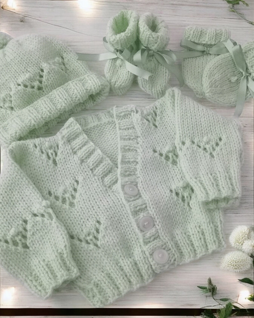 Gorgeous Hand-Knitted Unisex Baby Cardigan with  Matching Hat, Booties & Mittens