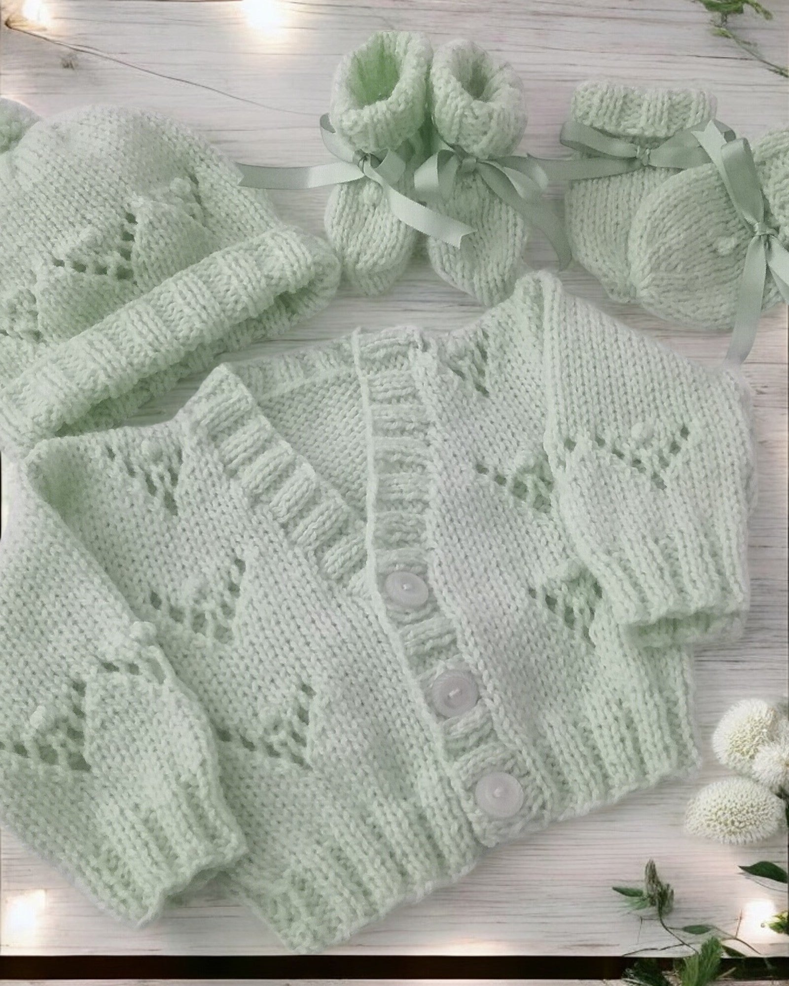 Gorgeous Hand-Knitted Unisex Baby Cardigan with  Matching Hat, Booties & Mittens