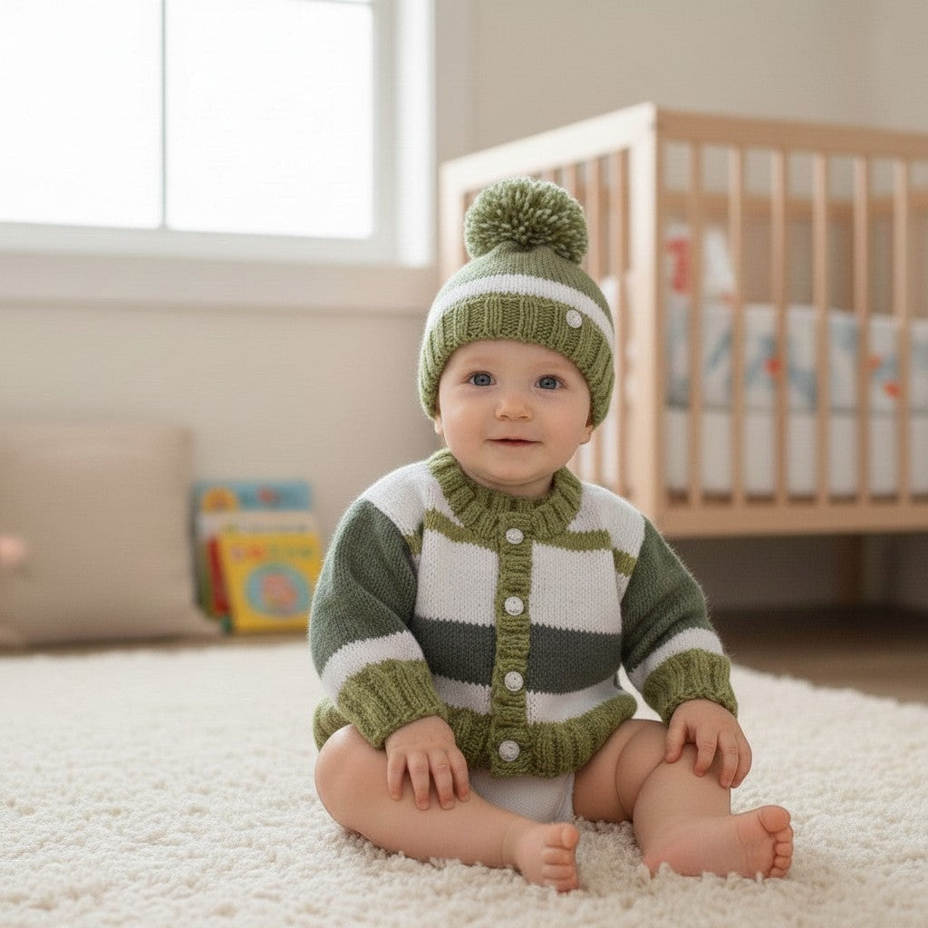 Hand Knitted Baby Boy Outfit | Cardigan & pom pom hat
