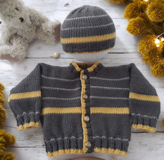 Boys' Charcoal and Stripe Knitted Cardigan with Matching Hat – Stylish Baby Boy Sweater Set