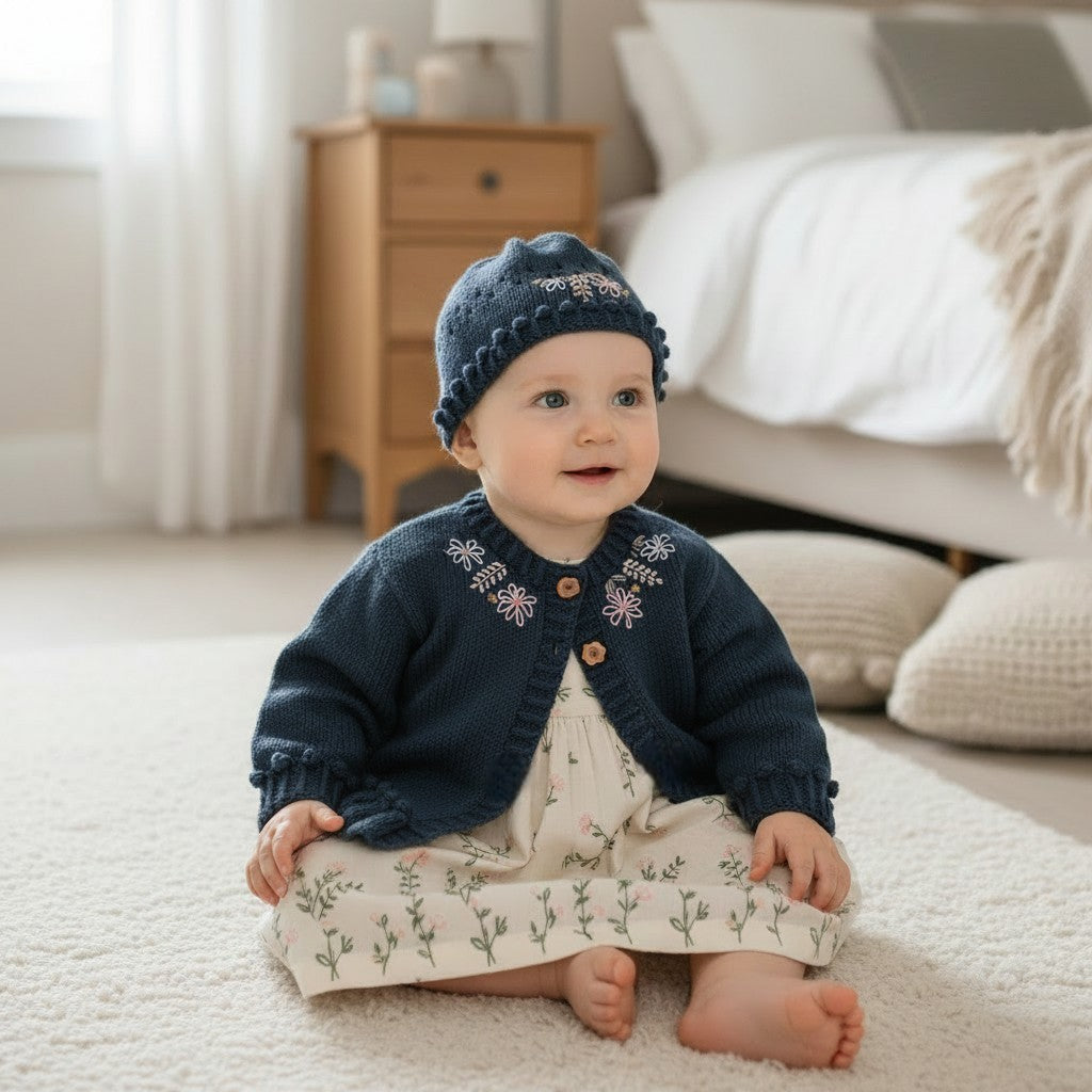 Hand-Knitted Baby Girl Cardigan & Hat Set –  Embroidered silk Flowers