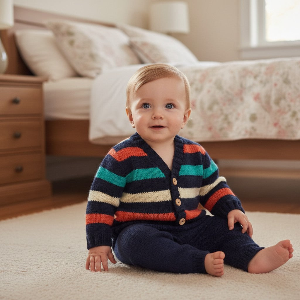 Bright and Bold Boys' Knitted V-Neck Cardigan – Colorful Design with Wooden Buttons