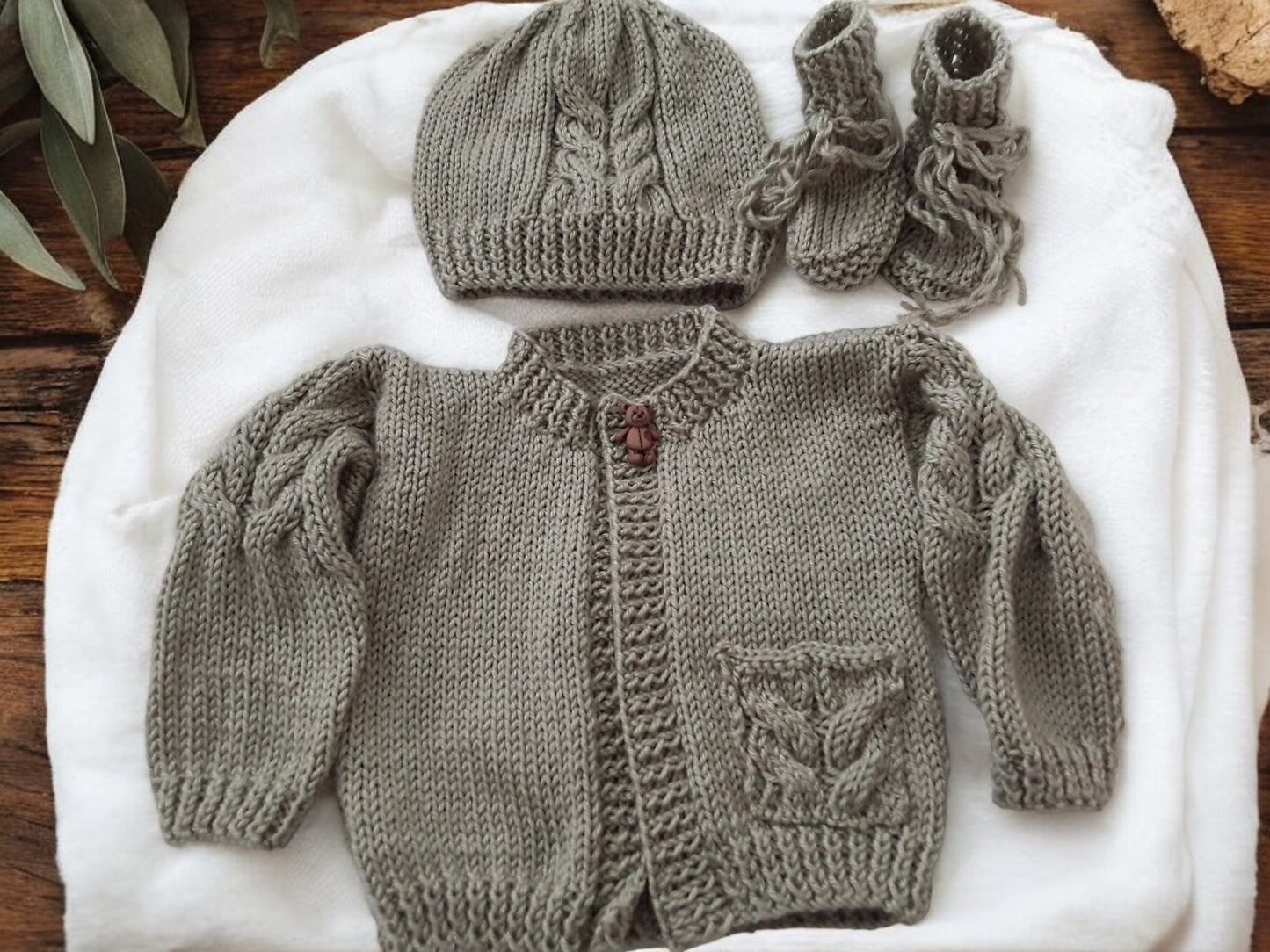 Boys' Cable Design Knitted Cardigan with Matching Hat and Boots – Classic Baby Boy Sweater Set