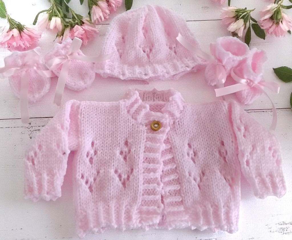Handcrafted Baby Cardigan with matching hat, mittens & boots  – Perfect for Newborns