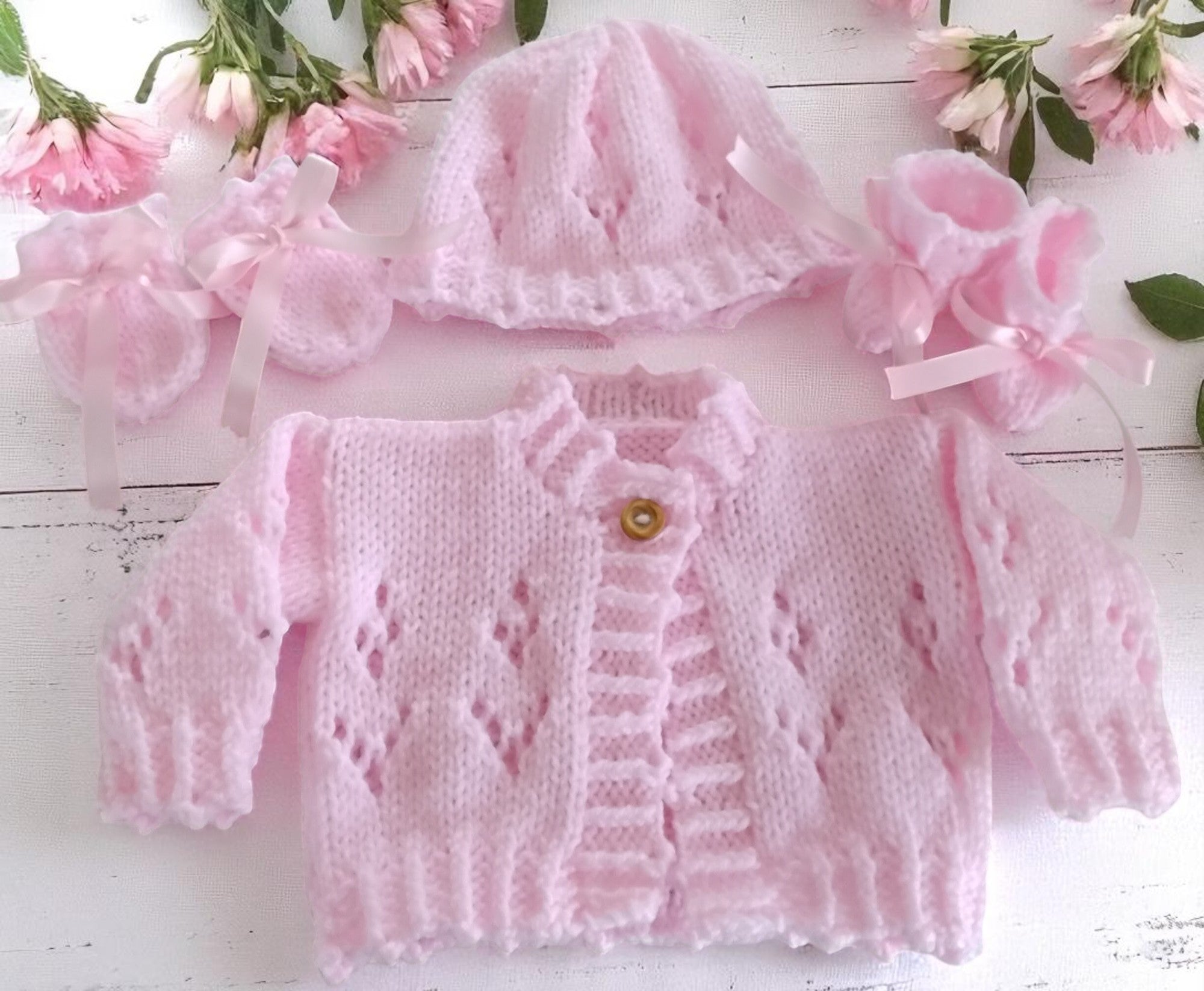 Handcrafted Baby Cardigan with matching hat, mittens & boots  – Perfect for Newborns