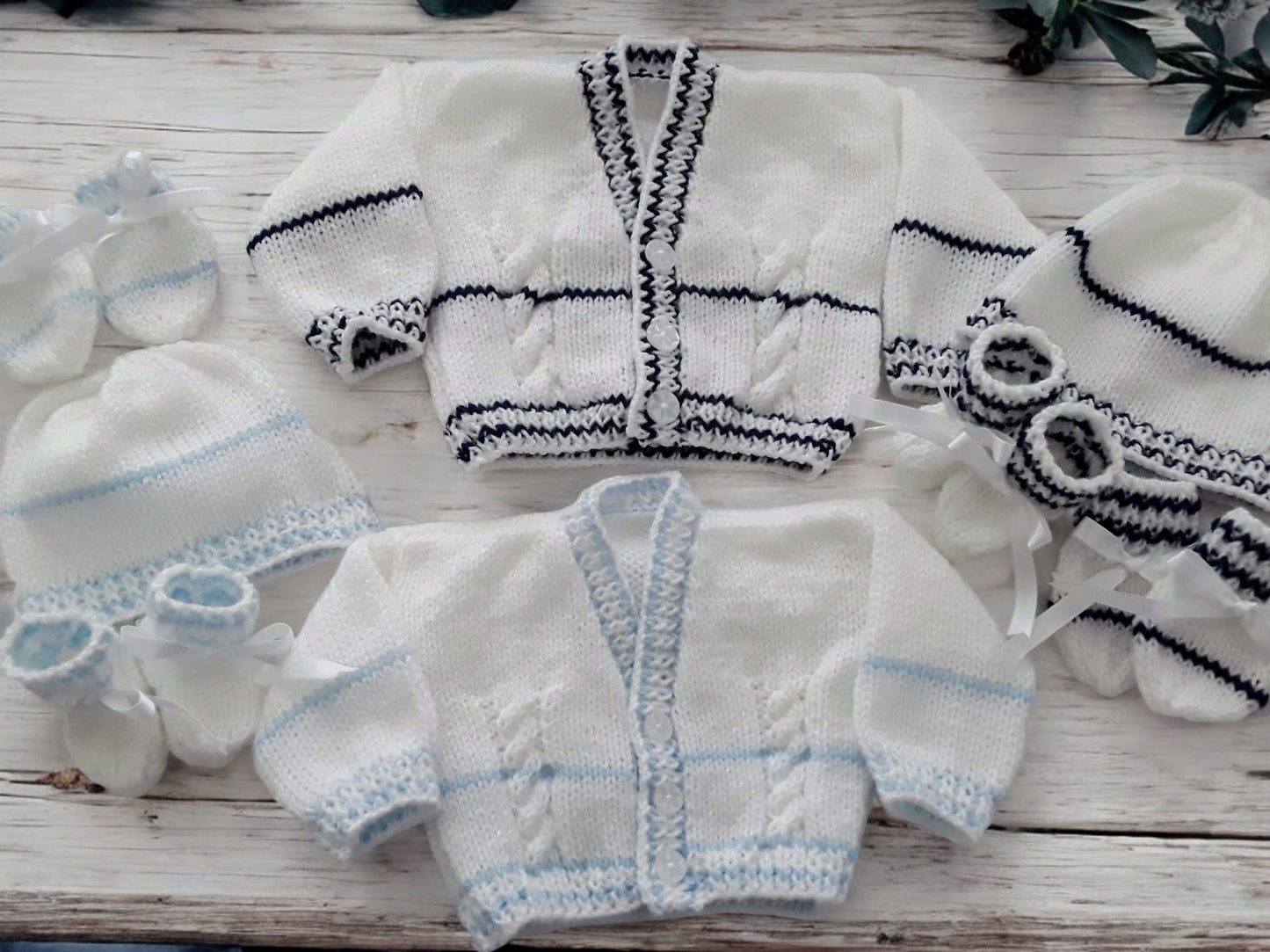 Cozy Stripy Knit Baby Ensemble – Cardigan, Hat, Mittens & Booties