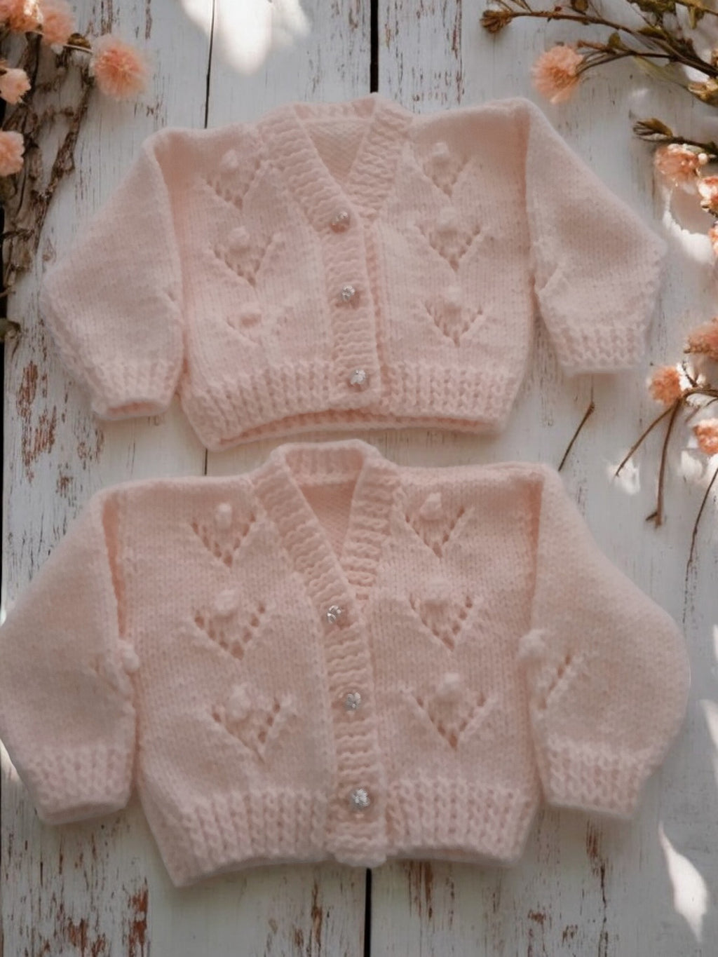 Gorgeous Hand-Knitted Unisex Baby Cardigan with  Matching Hat, Booties & Mittens